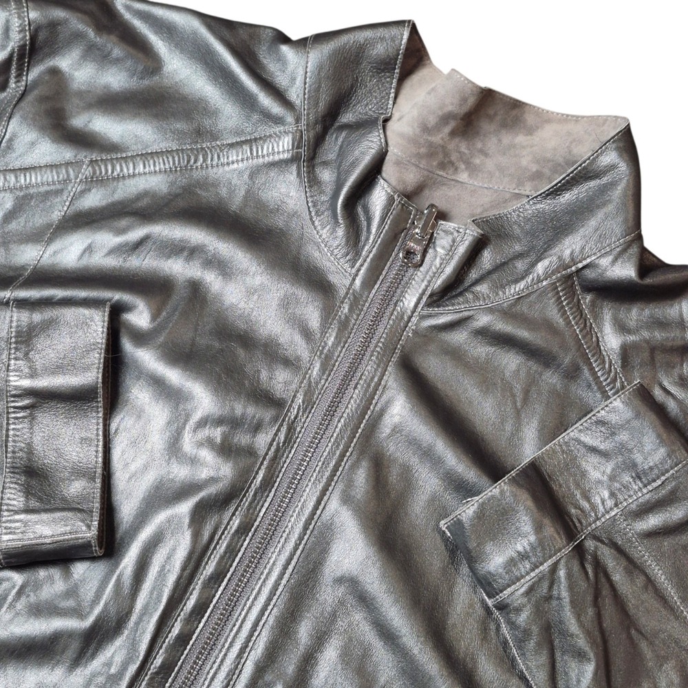 Overland Mens M Lamb Leather Jacket Reversible Black Gray Smooth Suede Full Zip